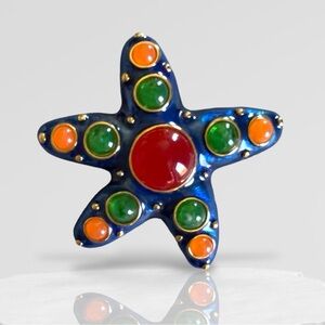 Rare Glass Star Fish Blue Multi-Color Moghul Brooch